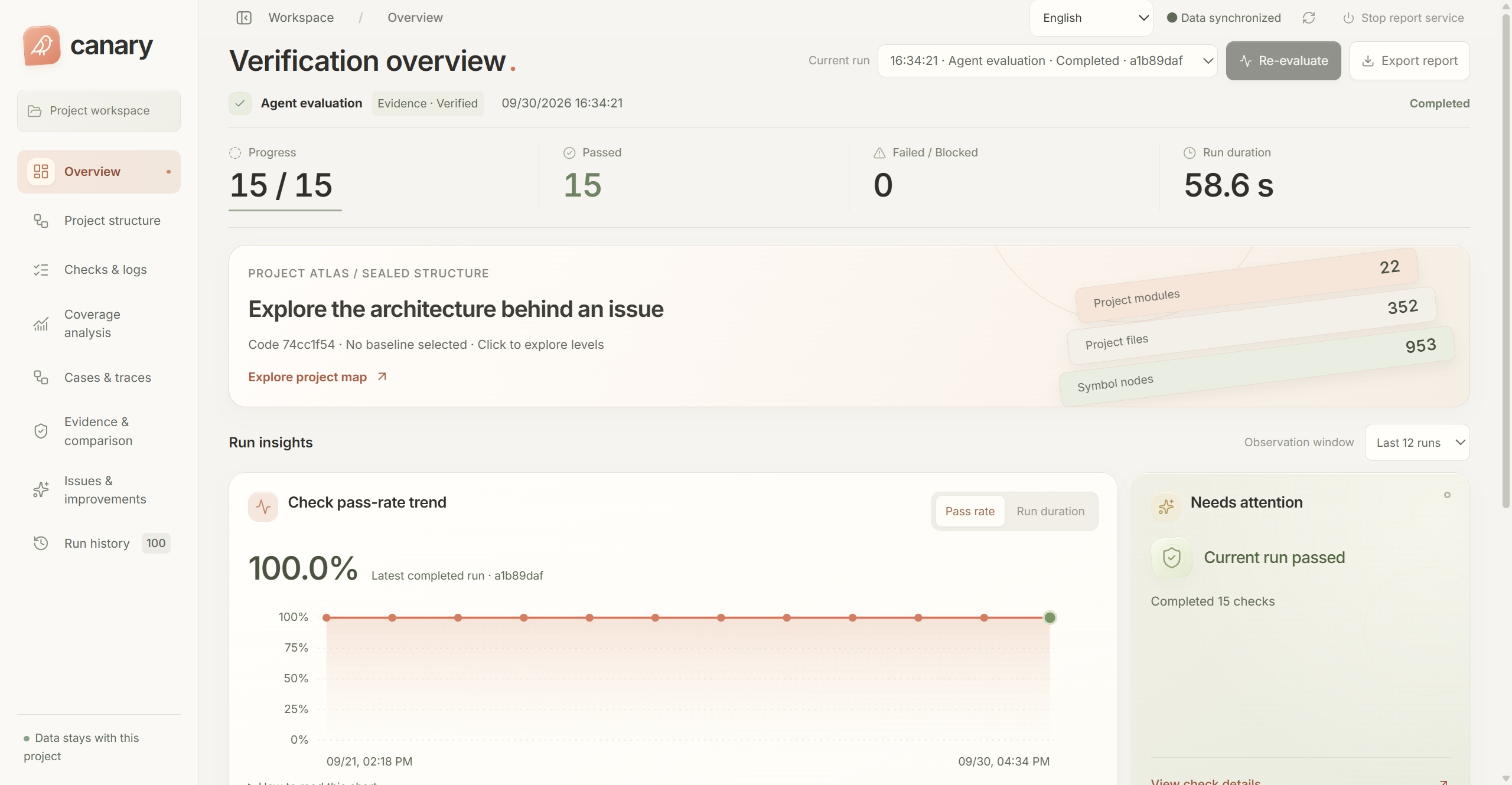 Canary's real verification workspace showing check results, project structure, and run history